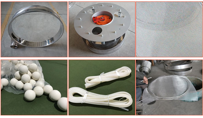 800型全不銹鋼振動篩配件有：振動篩篩框，電機(jī)，不銹鋼篩網(wǎng)等。